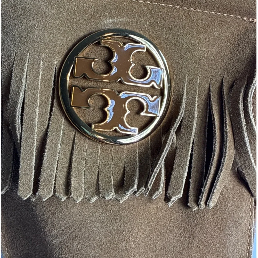 Tory Burch Tan Suede Fringe Moccasin Lace Up‎ Tall Boots Gold Logo Tassels 7M